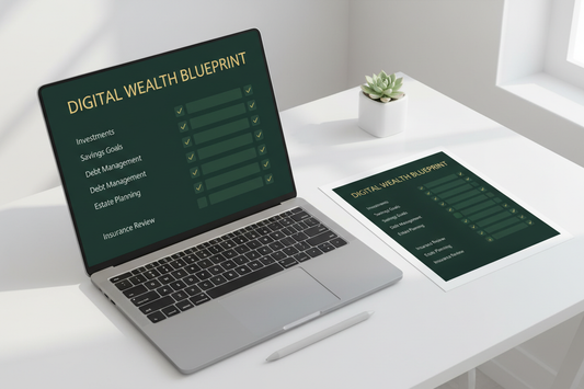 Wealth Checklist – Interactive HTML and Printable PDF mockup on laptop and desk